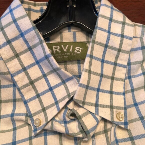Orvis Mens Long Sleeve Button Down sz L off whirw/blue/green sz L - Picture 5 of 6